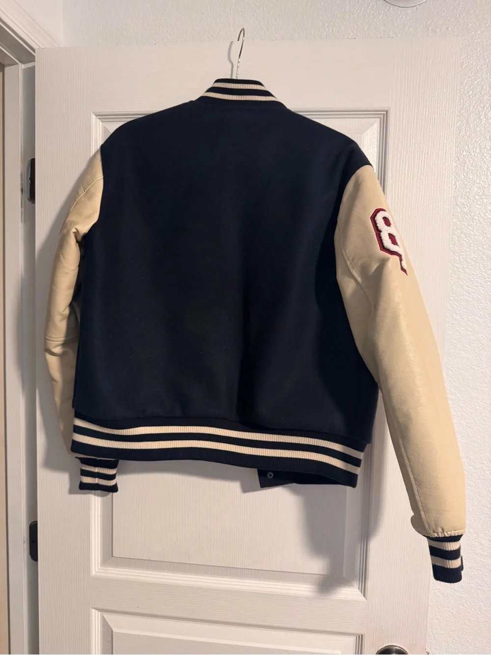 Aeropostale Navy and Cream Varsity Jacket with Red 'A' Patch